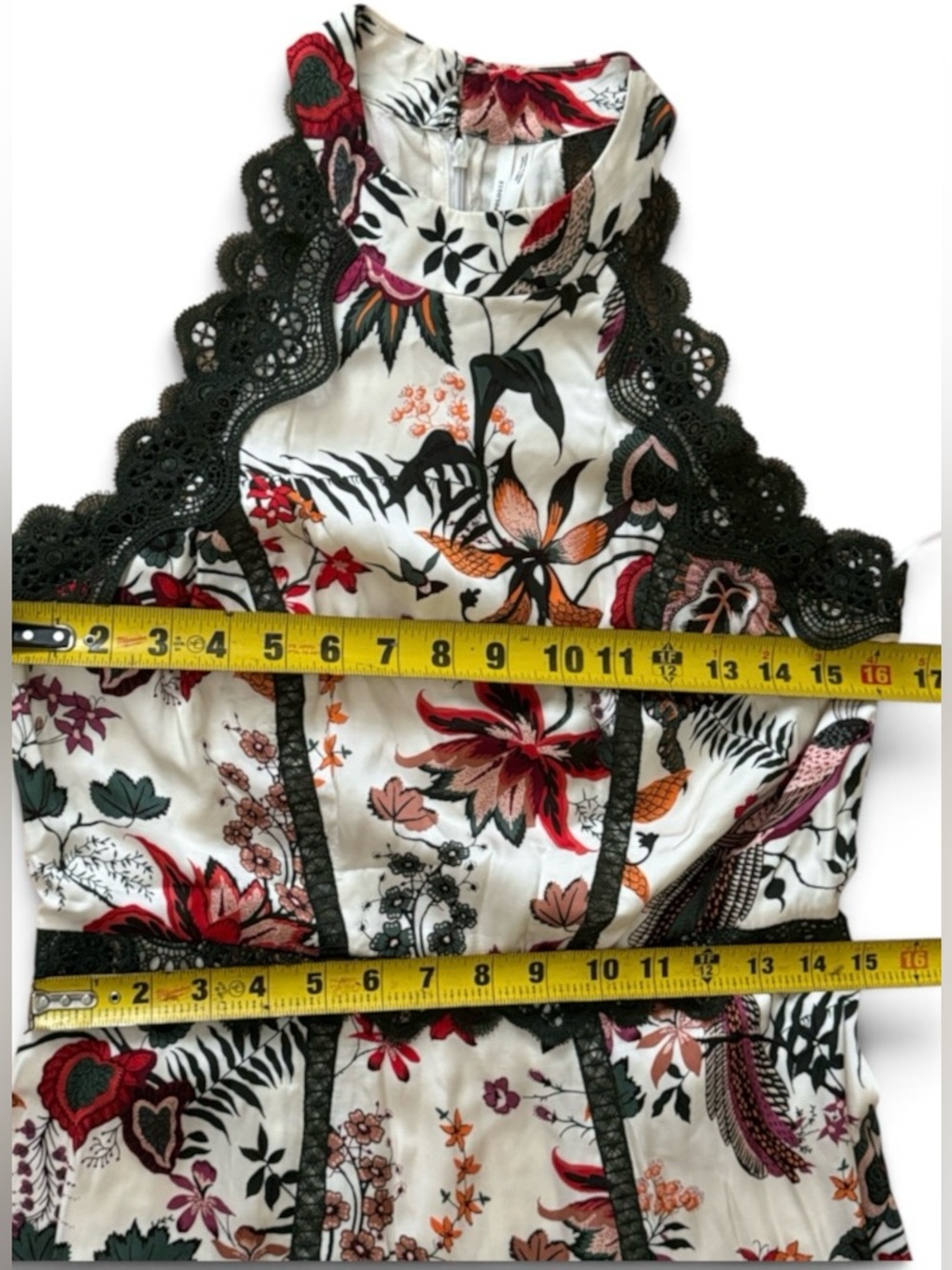 by Anthropologie Floral Lace-Trim Midi Dress in White with Red & Pink Blooms S-8 - Picture 16 of 16
